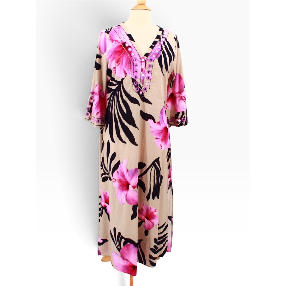 Boo Gemes Lila Kaftan Maxi Dress Medium Floral Tan Pink Purple Bell Sleeve